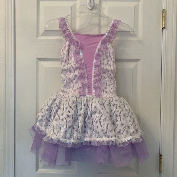 Revolution Dance Costume Girls Sz XXLC Lilac Purple DRESS Shimmer Stretch Tull - Picture 2 of 11